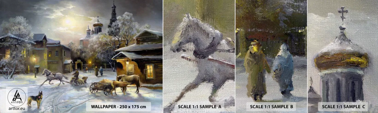 Échantillon de Papier Peint Premium Canvas - La magie de l'hiver russe - Paysage, Village, L'hiver à la campagne - 100x30 cm
