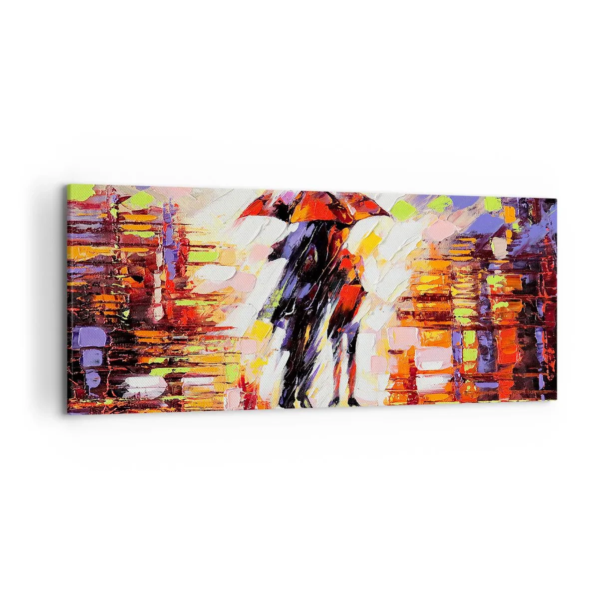 Impression sur toile - Image sur toile - Une scène abstraite d'une promenade sous un parapluie par une nuit pluvieuse. - 120x50cm - Ensemble à travers la nuit et la pluie - Décoration murale moderne pour le salon et la chambre ARTTOR