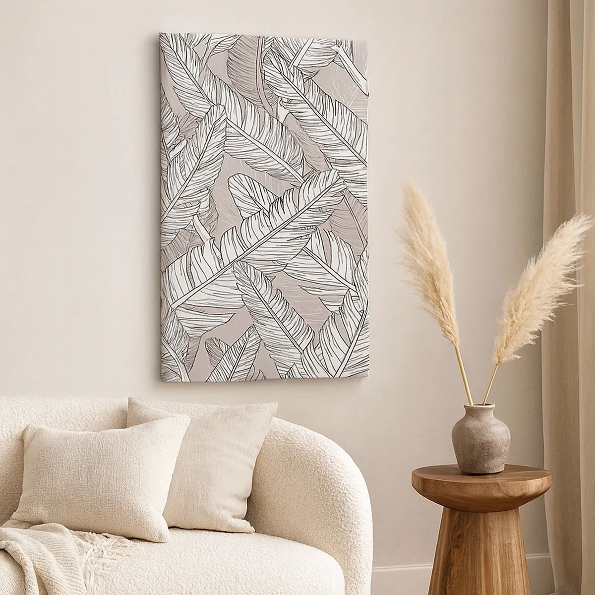 Impression sur toile - Image sur toile - Motif noir et blanc avec des feuilles de bananier sur un fond clair - 50x70cm - Un tourbillon de plumes - Décoration murale moderne pour le salon et la chambre ARTTOR