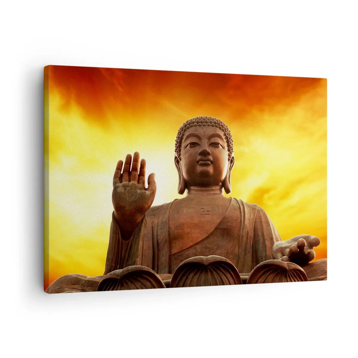 Impression sur toile - Image sur toile - Une statue de Bouddha contre un ciel de coucher de soleil doré - 70x50cm - La paix du monde - Décoration murale moderne pour le salon et la chambre ARTTOR