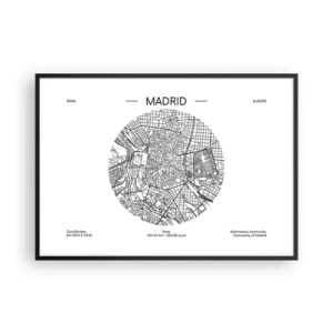 Affiche dans un cadre noir - Poster - Carte de Madrid dans un style minimaliste en noir et blanc - 100x70cm - Anatomie de Madrid - Décoration murale moderne pour le salon et la chambre ARTTOR