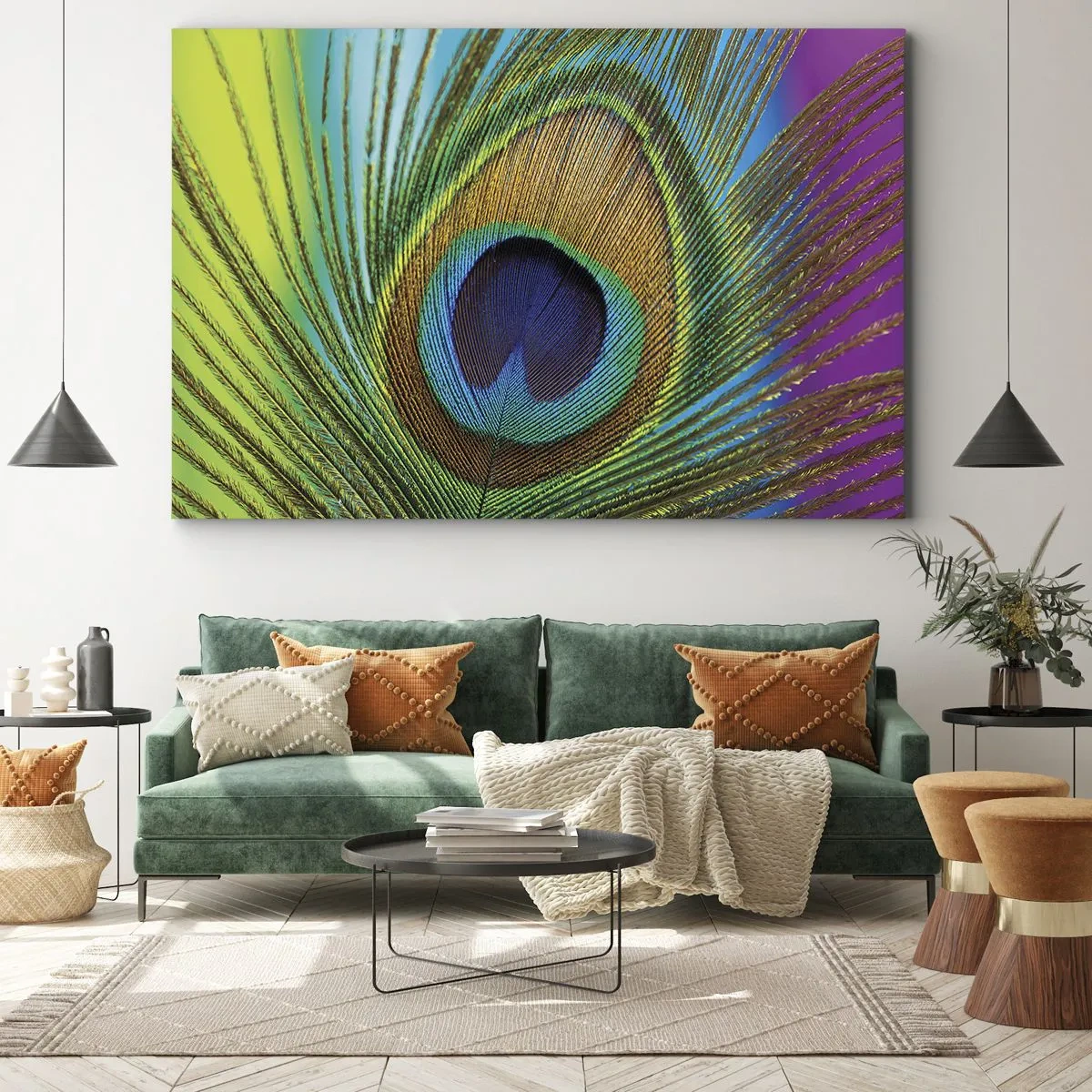 Impression sur toile - Image sur toile - Gros plan d'une plume de paon aux couleurs vives - 120x80cm - Les yeux dans les yeux - Décoration murale moderne pour le salon et la chambre ARTTOR