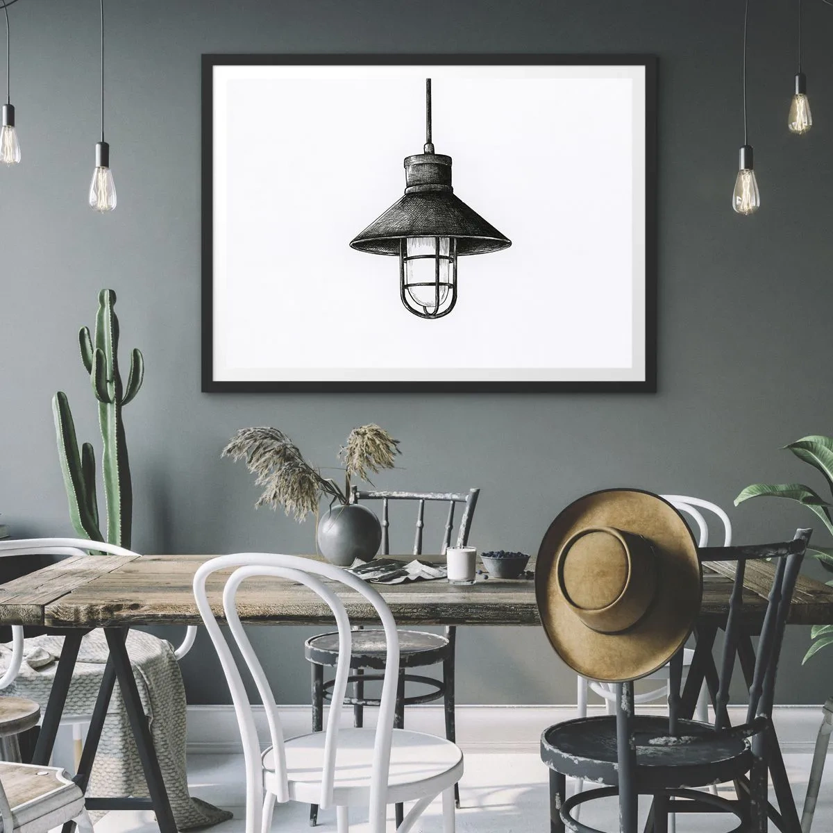 Affiche dans un cadre noir - Poster - Dessin d'une lampe suspendue rétro sur fond blanc - 70x50cm - Comme il y a des années… - Décoration murale moderne pour le salon et la chambre ARTTOR