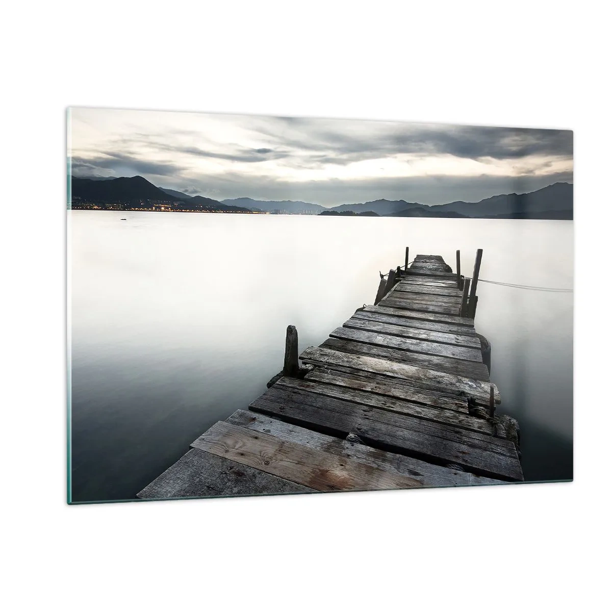 Impression sur verre - Image sur verre - Une jetée en bois sur fond de lac calme au crépuscule - 120x80cm - Immergez-vous dans la paix - Décoration murale moderne pour le salon et la chambre ARTTOR