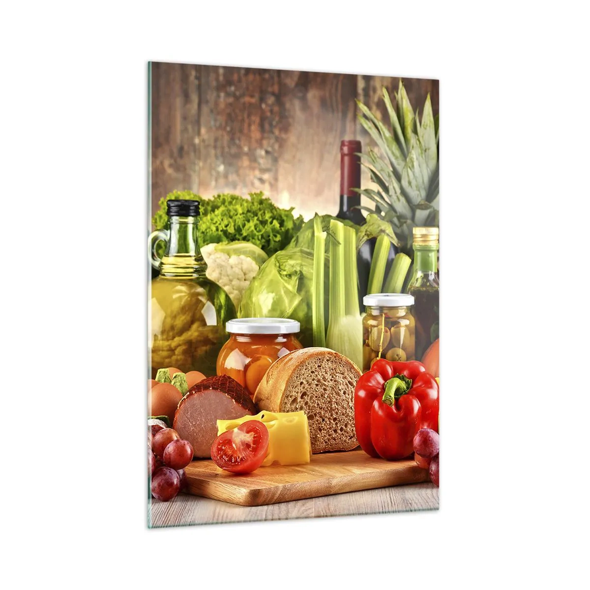 Impression sur verre - Image sur verre - Légumes colorés, fruits, pain et conserves sur un fond en bois - 50x70cm - Fumé, cuit au four et mariné - Décoration murale moderne pour le salon et la chambre ARTTOR