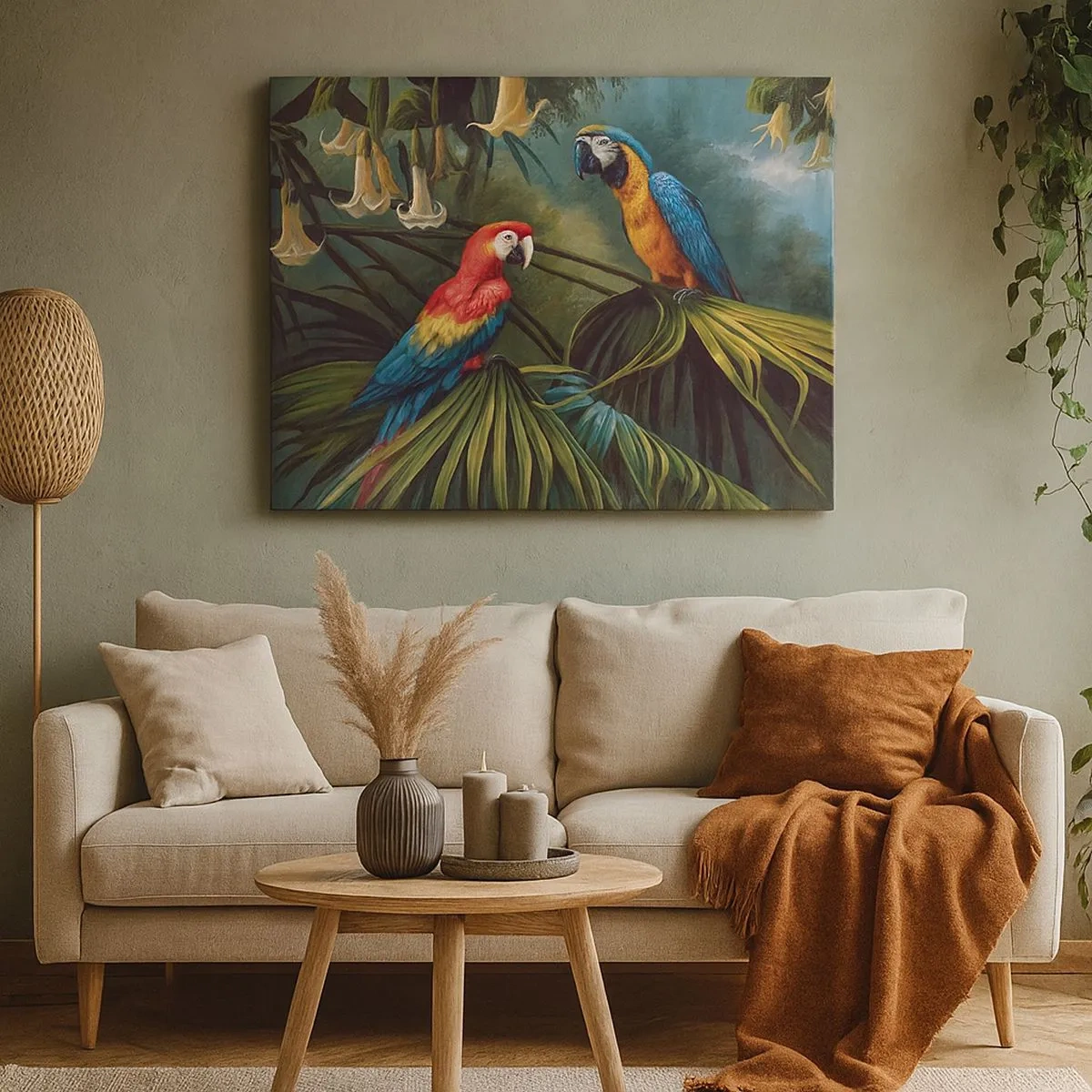 Impression sur toile - Image sur toile - Perroquets dans une forêt tropicale avec des fleurs exotiques en arrière-plan - 70x50cm - Romantisme dans les tropiques - Décoration murale moderne pour le salon et la chambre ARTTOR