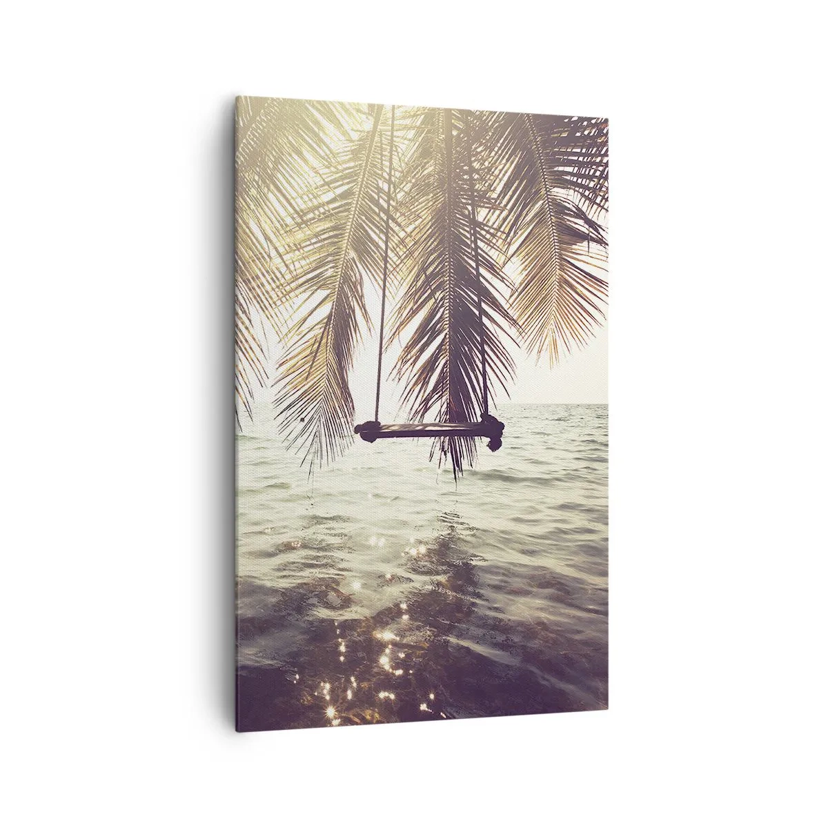 Impression sur toile - Image sur toile - Palmier avec une balançoire au-dessus de l'eau au soleil - 80x120cm - Vous pouvez vous balancer dans les nuages