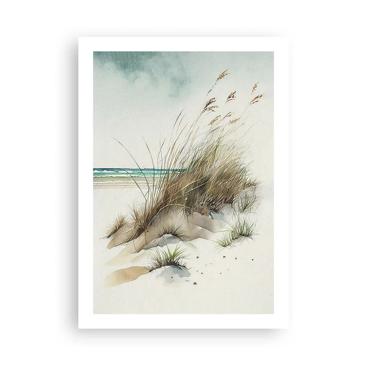 Affiche - Poster - Dunes de style aquarelle avec des herbes au bord d'une mer calme - 50x70cm - Recouvert de sable - Décoration murale moderne pour le salon et la chambre ARTTOR