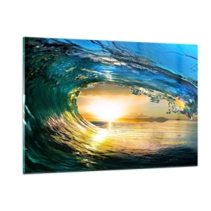 Impression sur verre - Image sur verre - Une vague de l'océan capturée dans la lumière du soleil couchant - 120x80cm - Dans un éclat émeraude-or - Décoration murale moderne pour le salon et la chambre ARTTOR