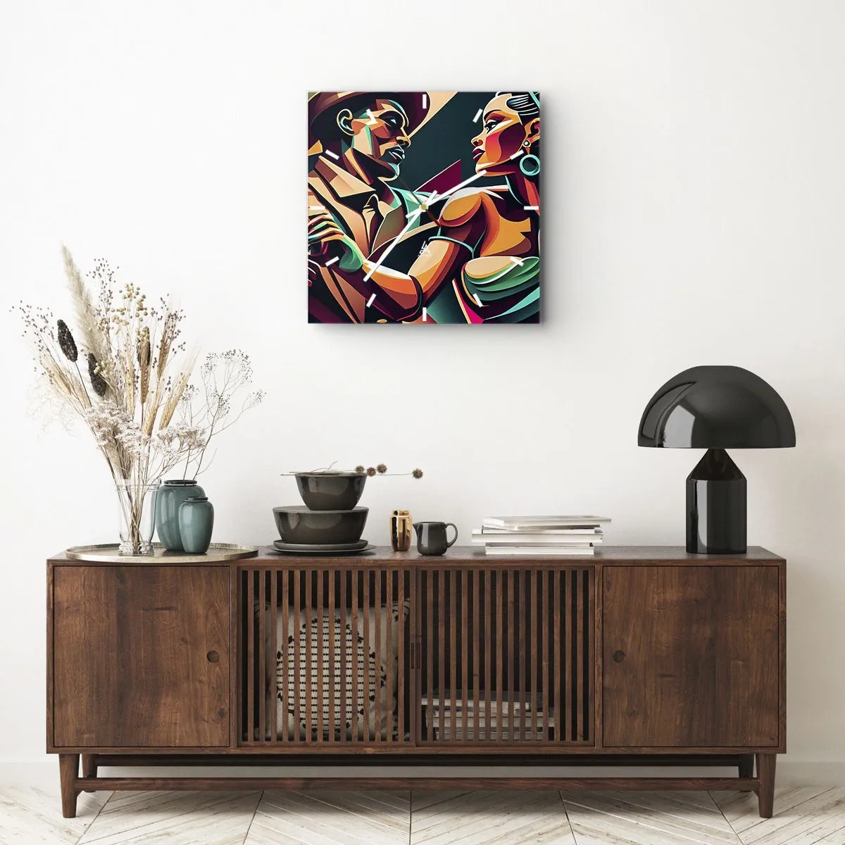 Horloge murale - Pendule murale - Un couple stylisé dansant dans des couleurs vibrantes et géométriques. - 30x30cm - Au rythme du coeur - Décoration murale moderne pour le salon et la chambre ARTTOR
