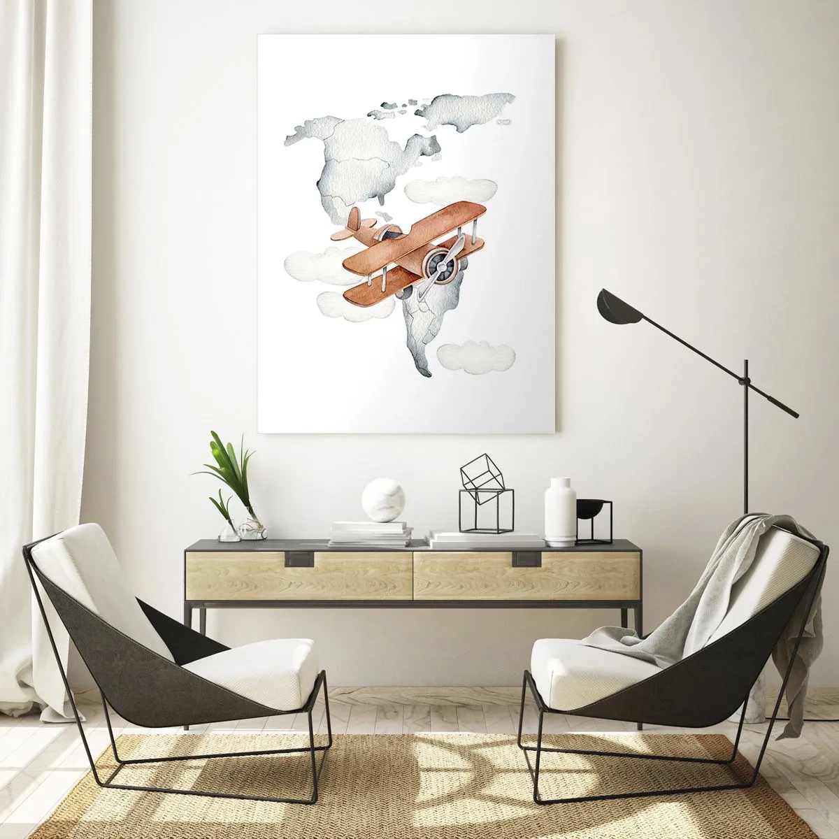Impression sur verre - Image sur verre - Illustration d'une carte du monde avec des avions - 70x100cm - Dans un esprit pionnier - Décoration murale moderne pour le salon et la chambre ARTTOR