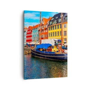 Impression sur toile - Image sur toile - Maisons colorées sur le canal avec des bateaux au soleil - 50x70cm - Quai joyeux - Décoration murale moderne pour le salon et la chambre ARTTOR