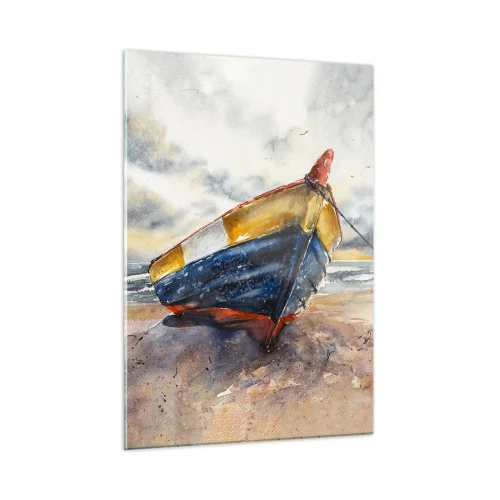 Impression sur verre - Image sur verre - Un bateau coloré sur la plage par temps nuageux - 50x70cm - Repos sur le rivage - Décoration murale moderne pour le salon et la chambre ARTTOR