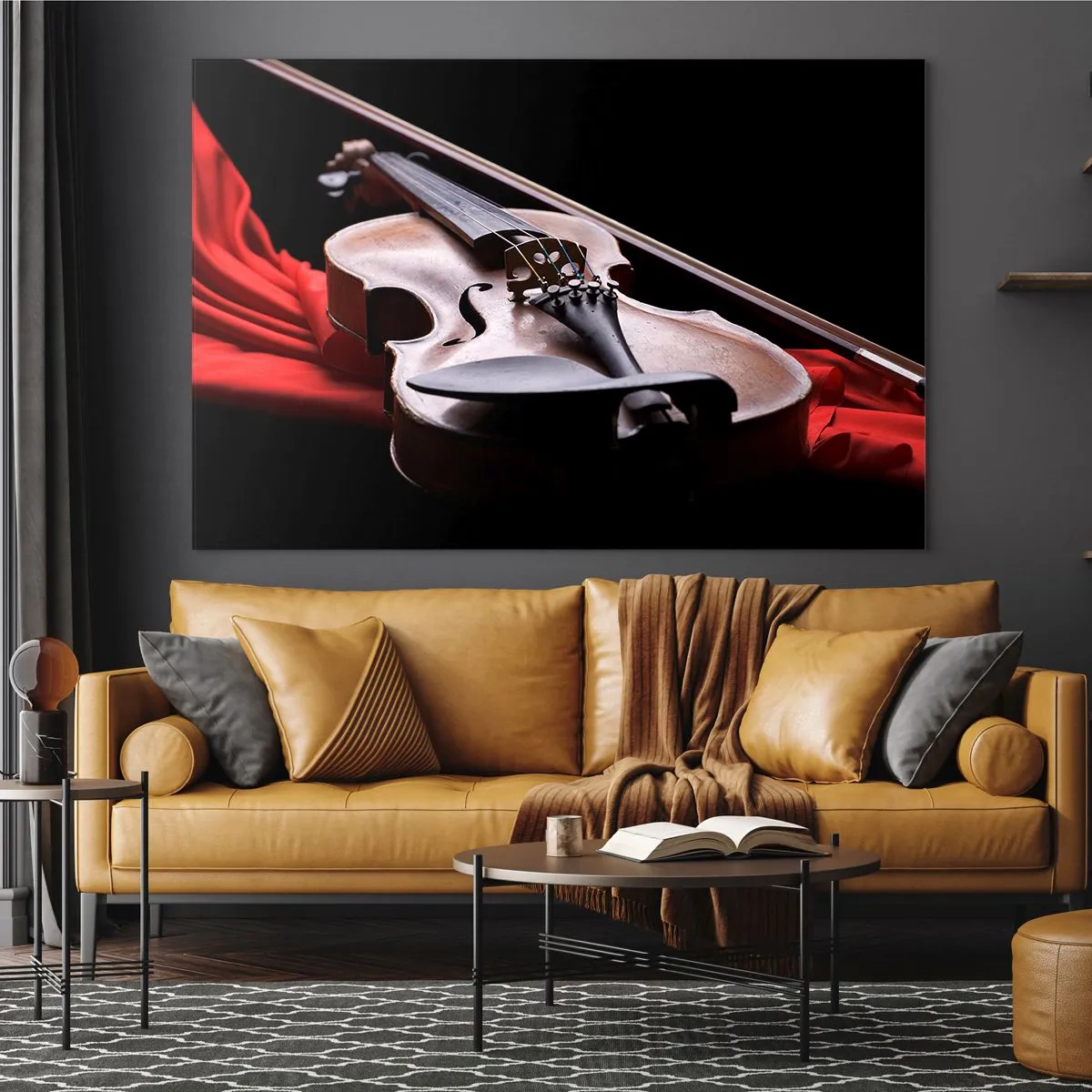 Impression sur verre - Image sur verre - Violon sur tissu rouge sur fond noir - 100x70cm - Musique des sentiments - Décoration murale moderne pour le salon et la chambre ARTTOR