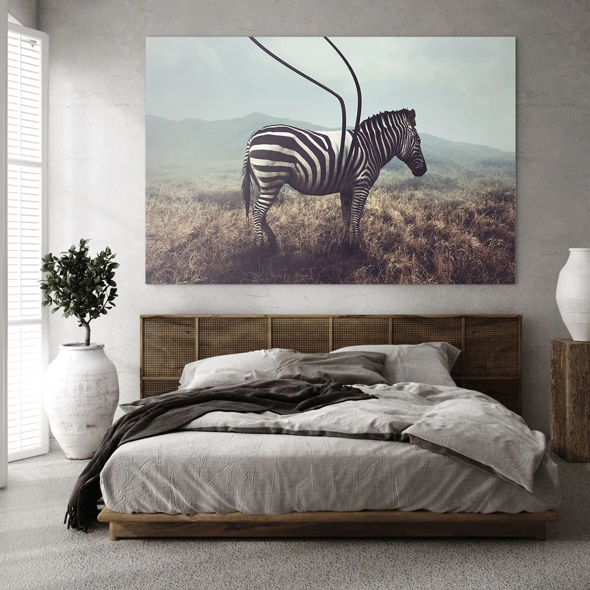 Impression sur verre - Image sur verre - Zèbre sur fond d'herbe avec des détails d'antenne surréalistes - 70x50cm - Attention! Malfaçon - Décoration murale moderne pour le salon et la chambre ARTTOR