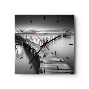Horloge murale - Pendule murale - Une jetée en bois sur un lac calme dans des tons de gris - 30x30cm - La paix d'un rivage oublié - Décoration murale moderne pour le salon et la chambre ARTTOR