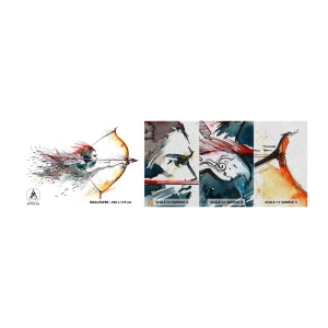 Échantillon de Papier Peint Premium Sand - Guerrier mythique avec un arc de feu - Abstraction, Tireur, Tir à l'arc - 100x30 cm