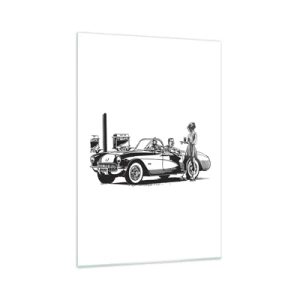 Impression sur verre - Image sur verre - Une scène rétro en noir et blanc avec une voiture et une serveuse en patins à roulettes. - 70x100cm - 60's - Amérique insouciante - Décoration murale moderne pour le salon et la chambre ARTTOR