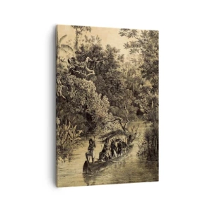 Impression sur toile - Image sur toile - Dessin d'une jungle avec un bateau sur une rivière - 50x70cm - Expédition à la source - Décoration murale moderne pour le salon et la chambre ARTTOR