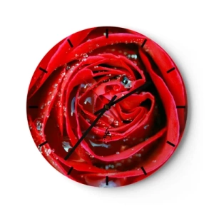 Horloge murale - Pendule murale - Gros plan d'une rose rouge couverte de gouttes d'eau - 30x30cm - Dans les gouttes de rosée - Décoration murale moderne pour le salon, la cuisine et la chambre ARTTOR