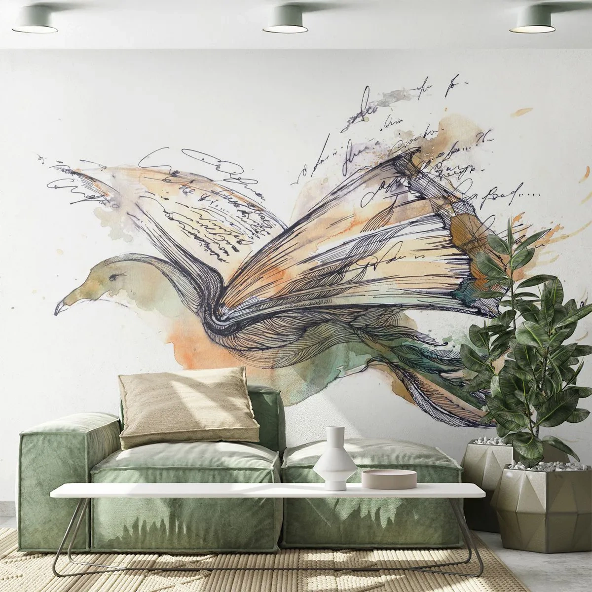 Papier Peint Autocollant Deluxe Sticker - Sur les ailes de la poésie - Abstraction, Oiseau, Livre - 300x210 cm