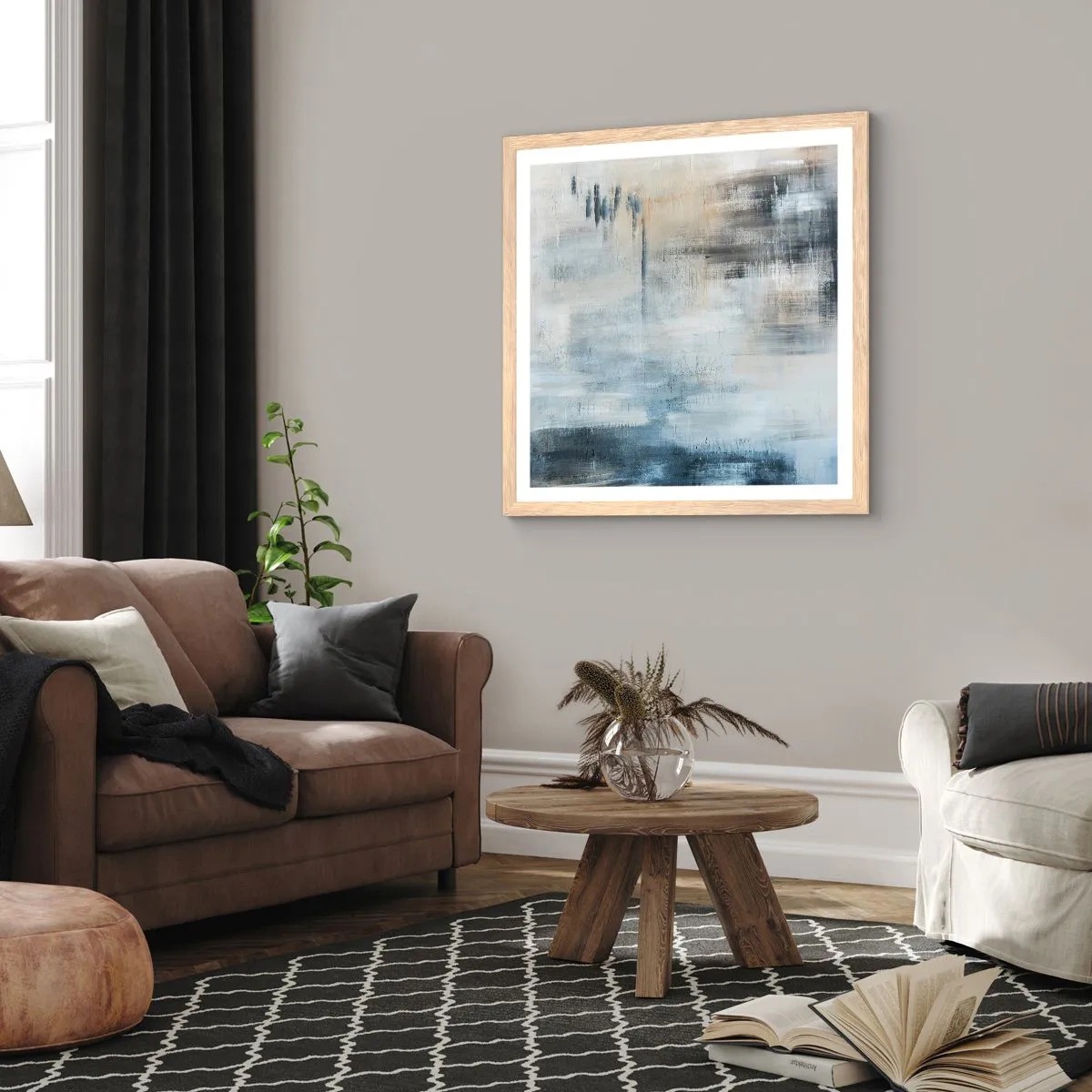 Affiche dans un chêne clair - Poster - Derrière le rideau bleu - 30x30 cm