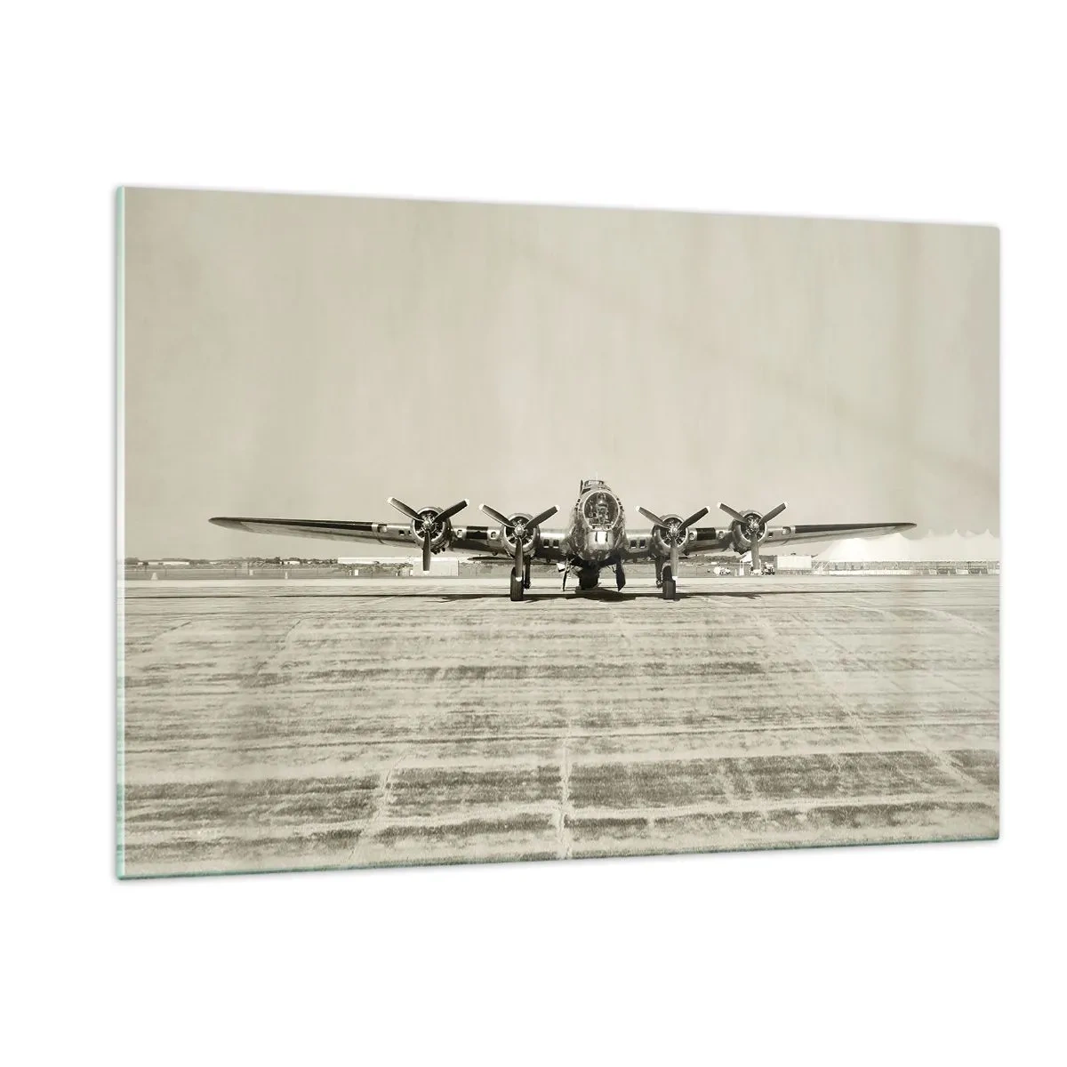 Impression sur verre - Image sur verre - Avion historique à l'aéroport en style sépia - 120x80cm - Toujours prêt! - Décoration murale moderne pour le salon et la chambre ARTTOR