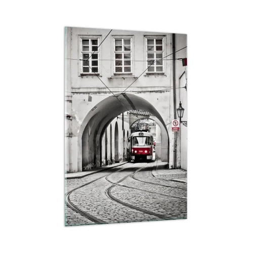Impression sur verre - Image sur verre - Un tramway noir et blanc dans une rue historique de la ville - 80x120cm - Dans le labyrinthe de la ville - Décoration murale moderne pour le salon et la chambre ARTTOR