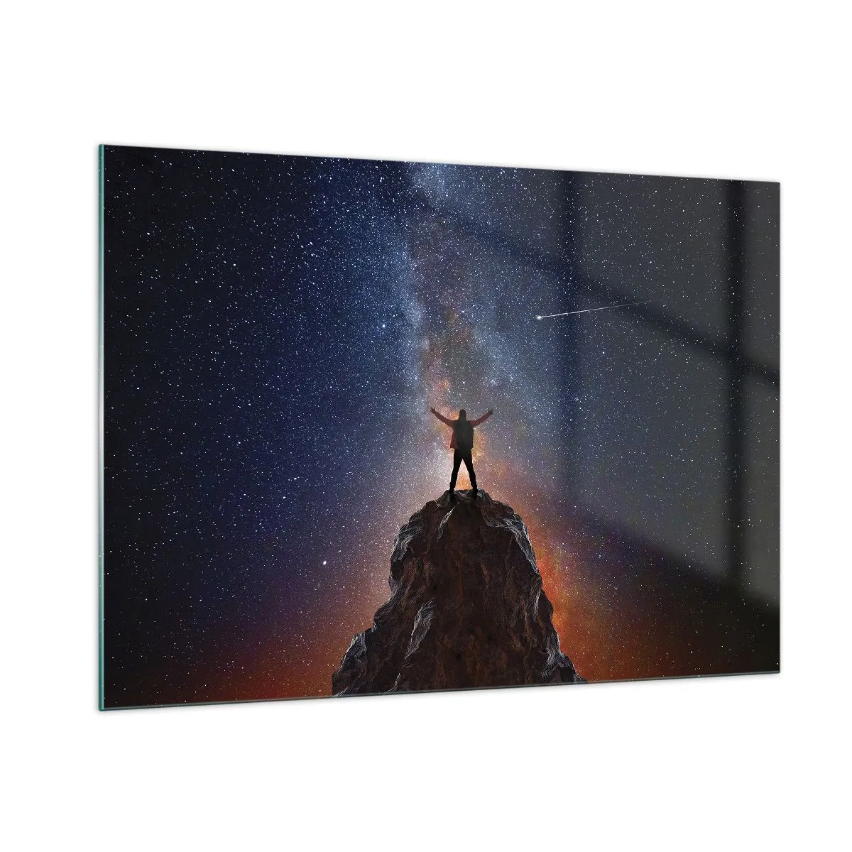 Impression sur verre - Image sur verre - Silhouette d'un homme au sommet d'un rocher sous un ciel étoilé - 100x70cm - Le force est avec moi! - Décoration murale moderne pour le salon et la chambre ARTTOR