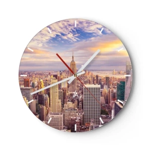 Horloge murale - Pendule murale - Panorama de la ville avec des gratte-ciels au coucher du soleil - 30x30cm - Atteindre les nuages 