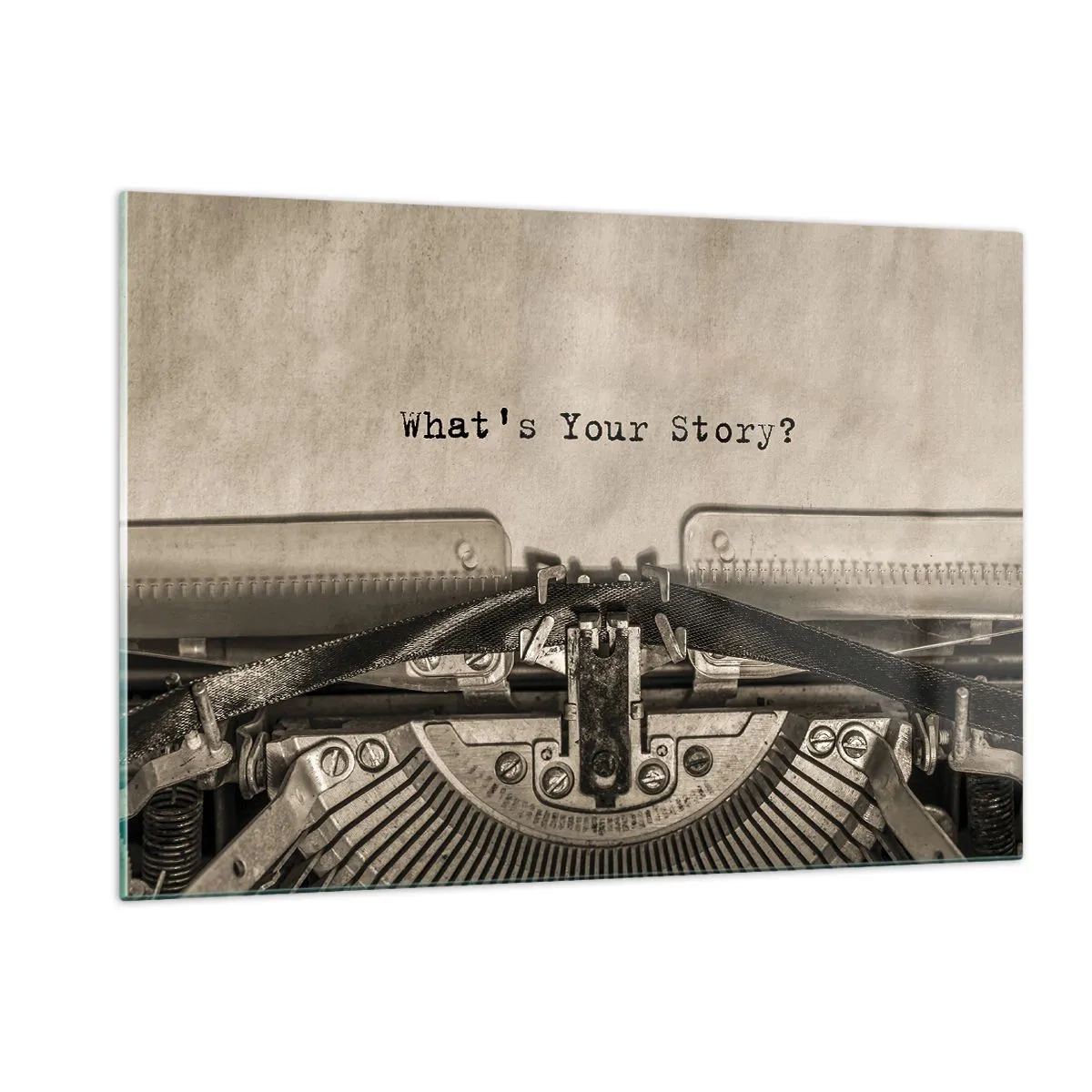 Impression sur verre - Image sur verre - Gros plan d'une machine à écrire avec le texte « Quelle est votre histoire ? » - 120x80cm - Réponds-moi - Décoration murale moderne pour le salon et la chambre ARTTOR