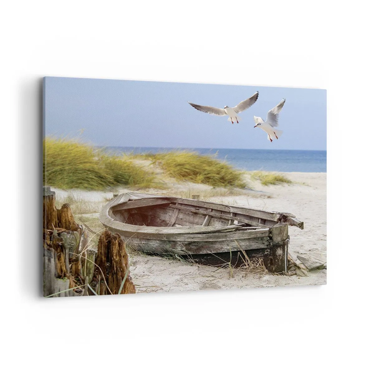 Impression sur toile - Image sur toile - Bateau abandonné sur une plage avec des mouettes - 100x70cm - Bain de vent - Décoration murale moderne pour le salon et la chambre ARTTOR