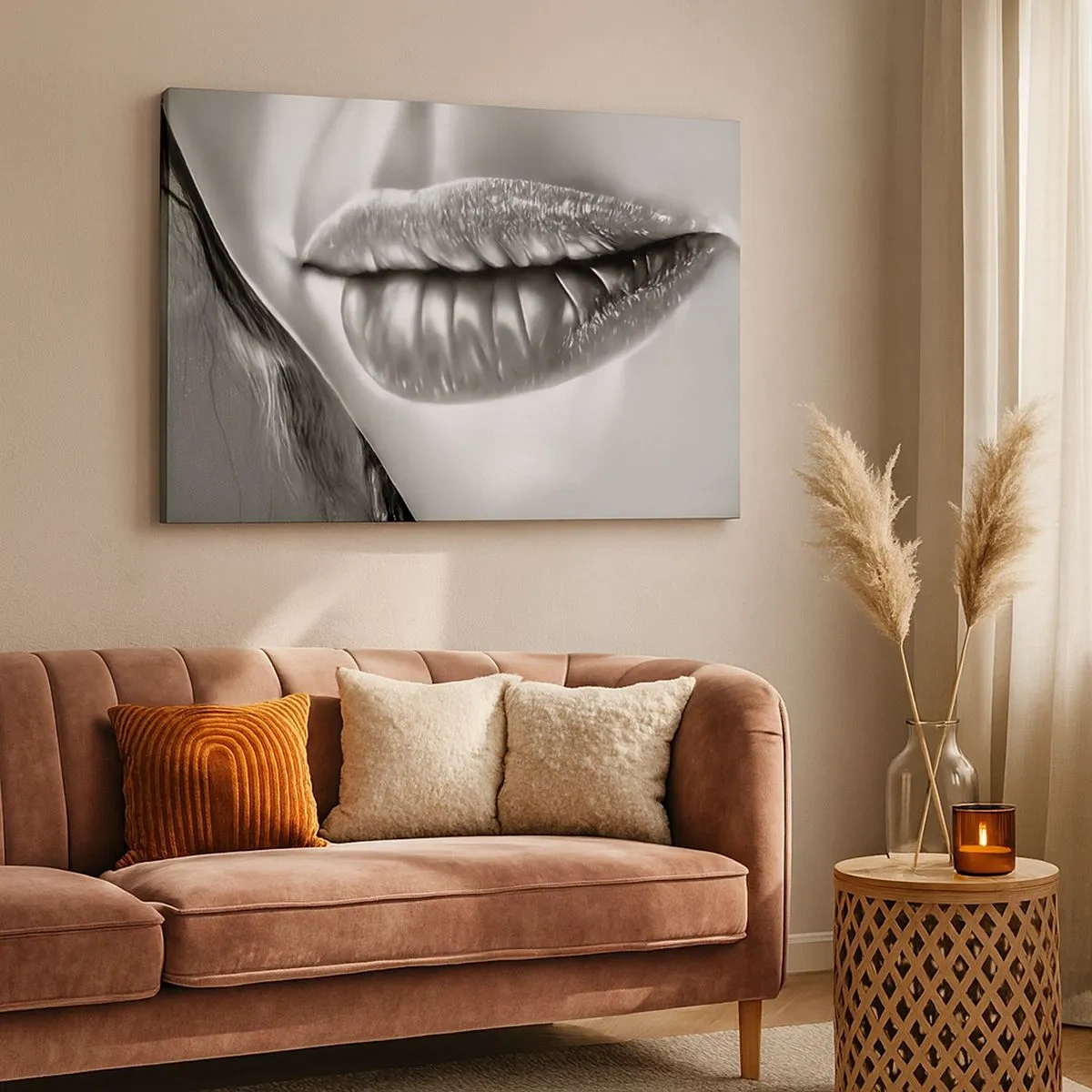 Impression sur toile - Image sur toile - Gros plan noir et blanc des lèvres d'une femme avec un effet brillant et des détails. - 70x50cm - Je sais à quoi tu penses… - Décoration murale moderne pour le salon et la chambre ARTTOR