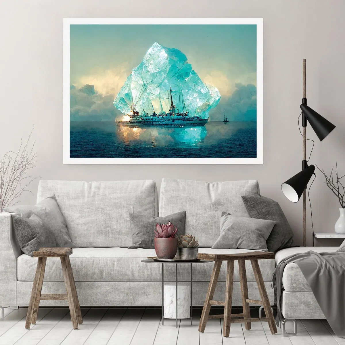 Affiche - Poster - Un navire avec un iceberg majestueux en arrière-plan - 100x70cm - Diamant arctique - Décoration murale moderne pour le salon et la chambre ARTTOR