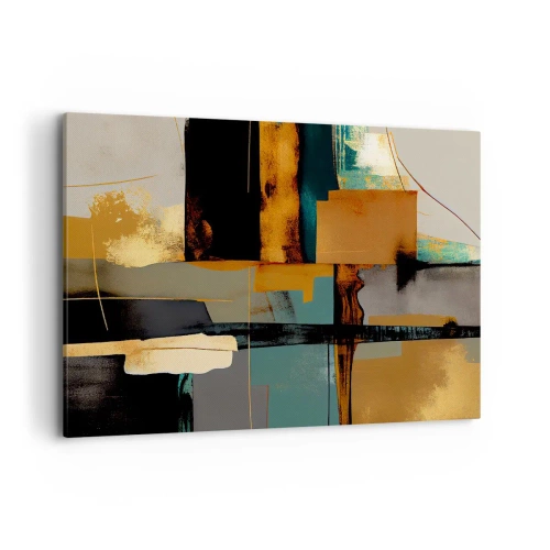 Impression sur toile - Image sur toile - Composition abstraite avec des éléments dorés et turquoise - 120x80cm - Abstraction – lumière et ombre - Décoration murale moderne pour le salon et la chambre ARTTOR