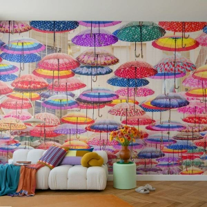 Papier Peint Photo Premium Sand - Prairie de la ville - Ville, Parapluies colorés, Morceau - 350x256 cm