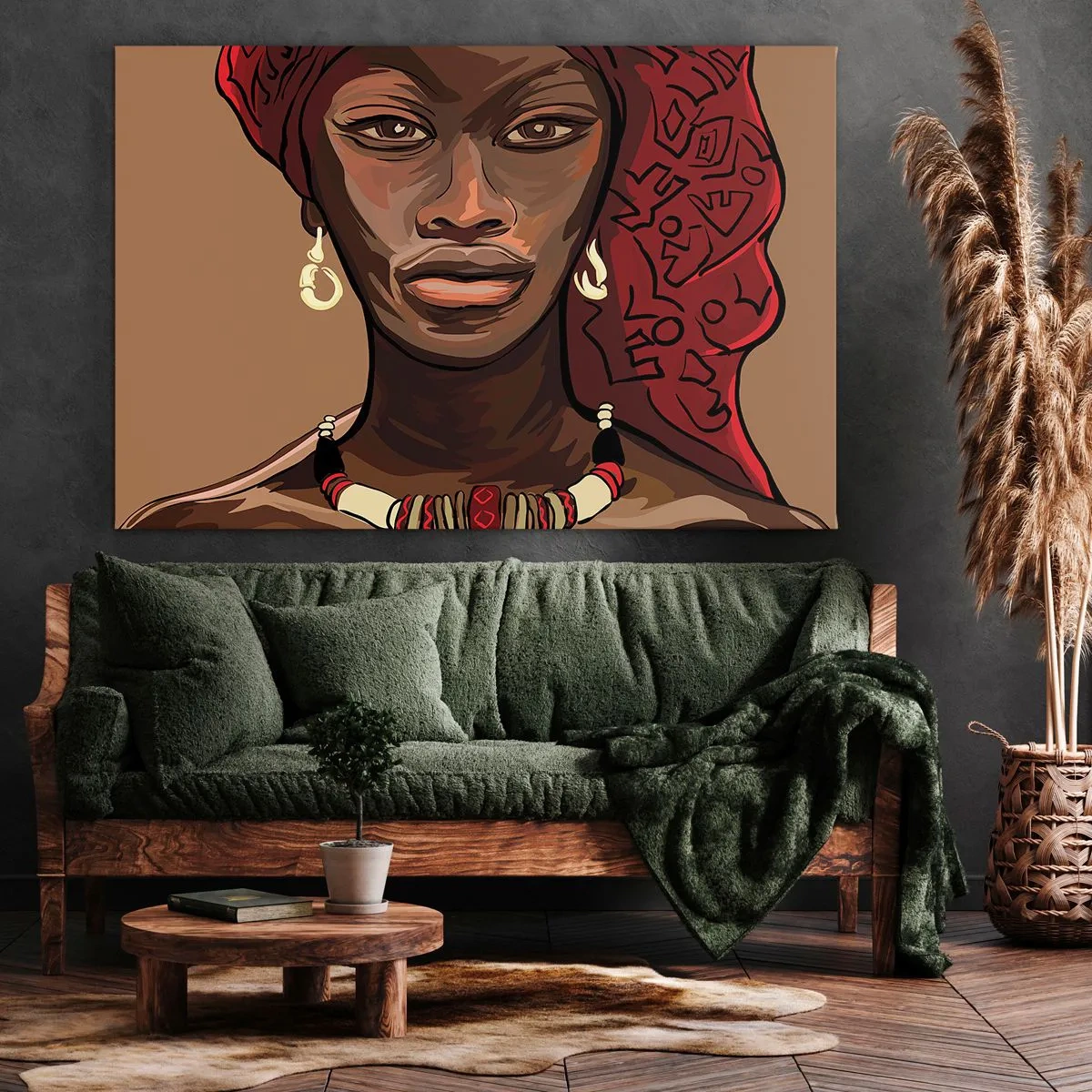 Impression sur toile - Image sur toile - Portrait d'une femme au turban rouge sur fond beige - 70x50cm - Vénus d'ébène - Décoration murale moderne pour le salon et la chambre ARTTOR