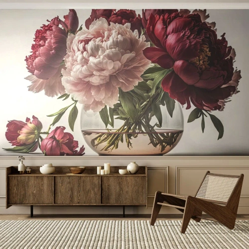 Papier Peint Autocollant Deluxe Sticker - En pleine floraison de beauté - Bouquet de fleurs, Vase, Pivoines - 100x70 cm
