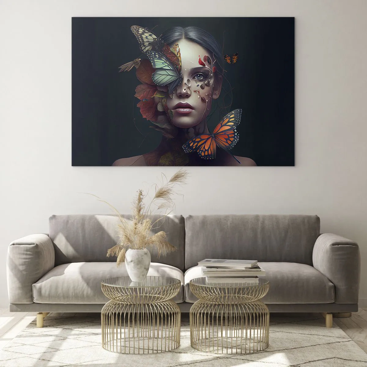 Impression sur verre - Image sur verre - Un visage de femme avec des papillons et des feuilles dans une composition artistique - 100x70cm - Une merveilleuse métamorphose - Décoration murale moderne pour le salon et la chambre ARTTOR