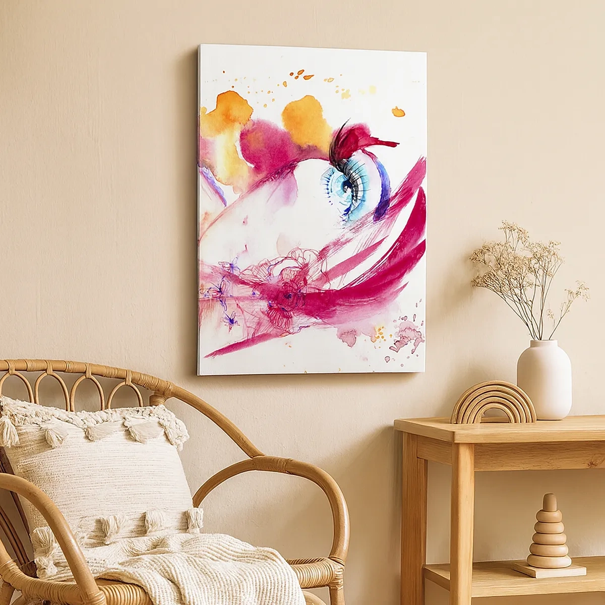 Impression sur toile - Image sur toile - Un visage abstrait avec des yeux expressifs et des accents rouges. - 50x70cm - Le monde prospère dans la proximité - Décoration murale moderne pour le salon et la chambre ARTTOR