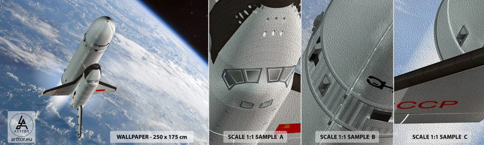 Échantillon de Papier Peint Premium Sand - Ascension cosmique - Cosmos, Spoutnik, Une fusée spatiale - 100x30 cm