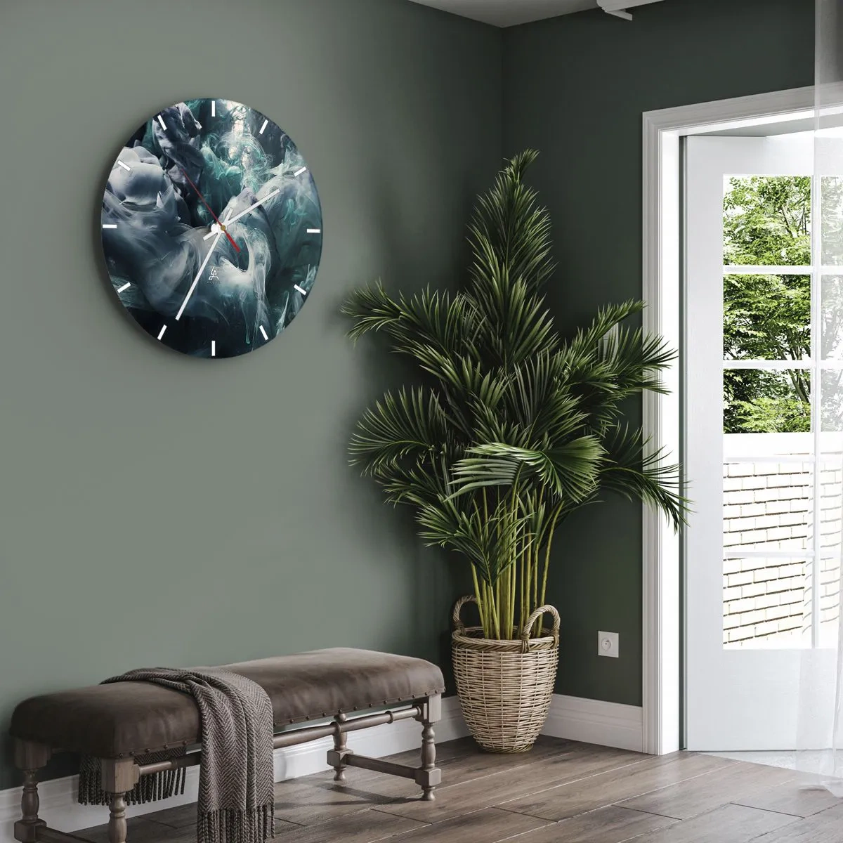 Horloge murale - Pendule murale - Une composition abstraite de fumée et de peinture dans des tons verts et gris. - 30x30cm - Mouvement des couleurs - Décoration murale moderne pour le salon, la cuisine et la chambre ARTTOR