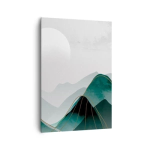 Impression sur toile - Image sur toile - Paysage de montagne abstrait avec la lune et des lignes dorées - 70x100cm - En pleine majesté - Décoration murale moderne pour le salon et la chambre ARTTOR