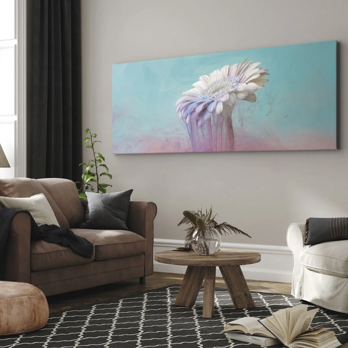 Impression sur toile - Image sur toile - Gerbera pastel avec effet flou - 120x50cm - Le monde souterrain des fleurs - Décoration murale moderne pour le salon et la chambre ARTTOR