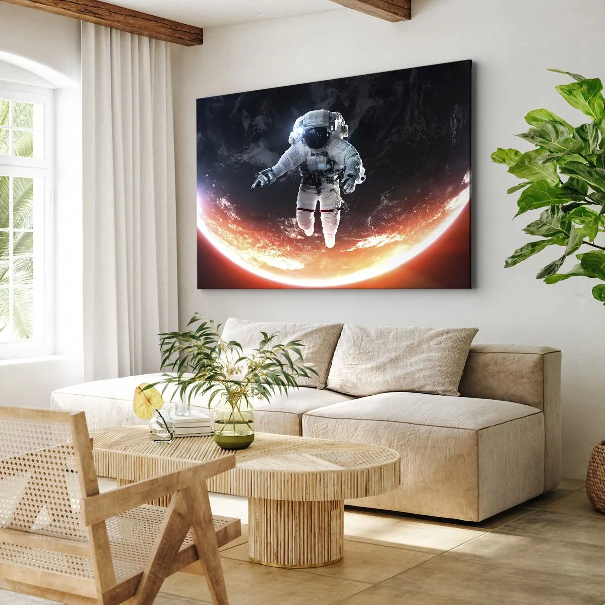 Impression sur toile - Image sur toile - Un astronaute flottant au-dessus d'une Terre éclairée par le soleil - 120x80cm - Puis-je rester un peu plus longtemps ? - Décoration murale moderne pour le salon et la chambre ARTTOR