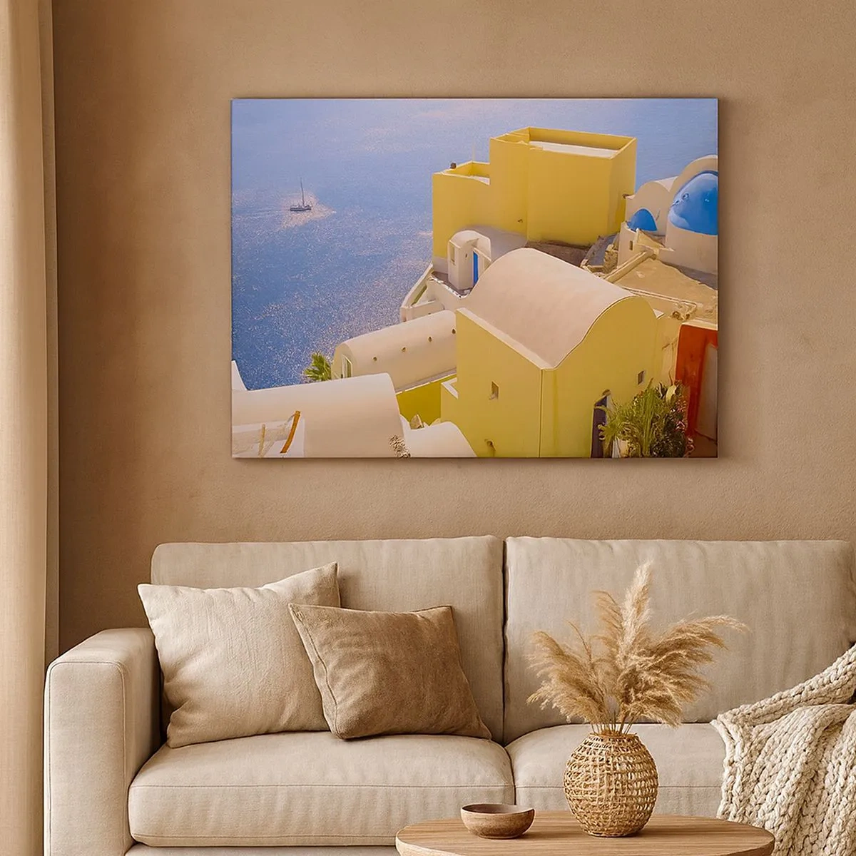 Impression sur toile - Image sur toile - Architecture grecque avec vue sur la mer et un bateau en arrière-plan - 70x50cm - Paysage grec en blanc et bleu ciel - Décoration murale moderne pour le salon et la chambre ARTTOR