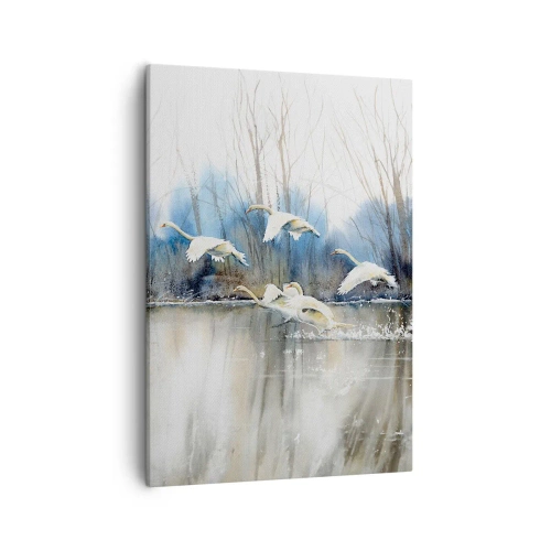 Impression sur toile - Image sur toile - Cygnes en vol au-dessus d'un lac gelé dans un paysage hivernal - 50x70cm - Comme dans un conte de fées sur les cygnes sauvages - Décoration murale moderne pour le salon et la chambre ARTTOR