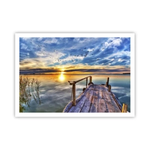 Affiche - Poster - Jetée en bois sur le lac au coucher du soleil - 100x70cm - Le vent se repose - Décoration murale moderne pour le salon et la chambre ARTTOR