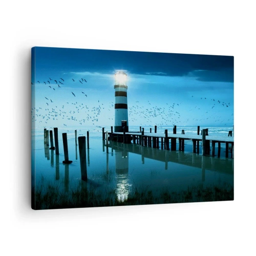 Impression sur toile - Image sur toile - Le phare de la jetée illuminé la nuit - 70x50cm - Et tu n'as pas peur du noir - Décoration murale moderne pour le salon et la chambre ARTTOR