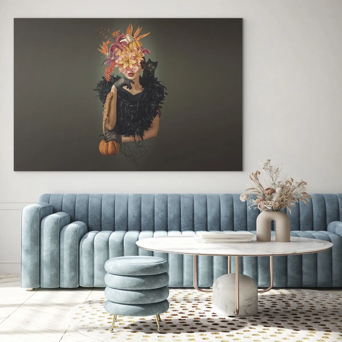 Impression sur verre - Image sur verre - Figure d'une femme en noir avec une citrouille, un chat et une composition florale - 120x80cm - Sort de sorcière - Décoration murale moderne pour le salon et la chambre ARTTOR